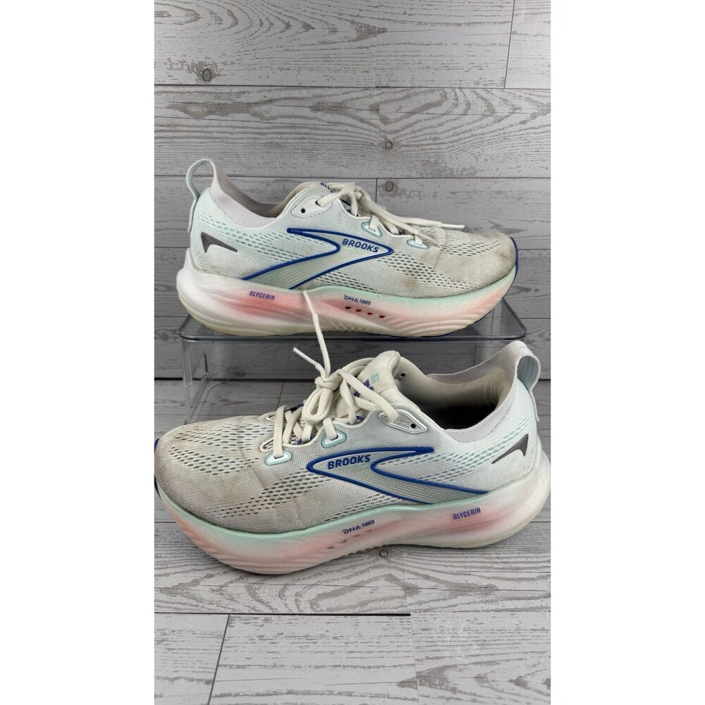 Brooks Glycerin GTS 22 Shoes Women Sz 9 White Limpet Shell Blue Running #567